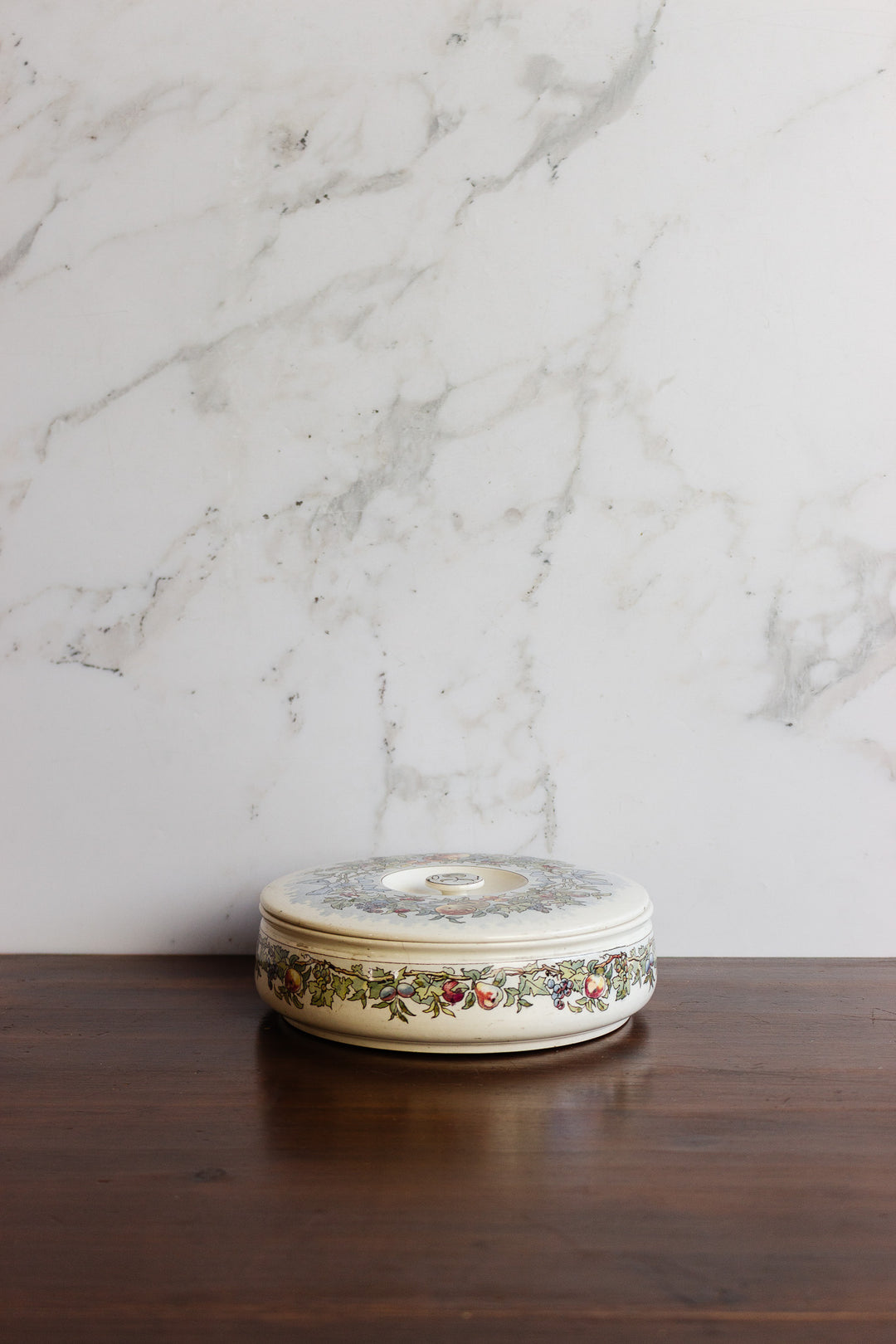 antique french sarreguemines lidded dish with fruit motif