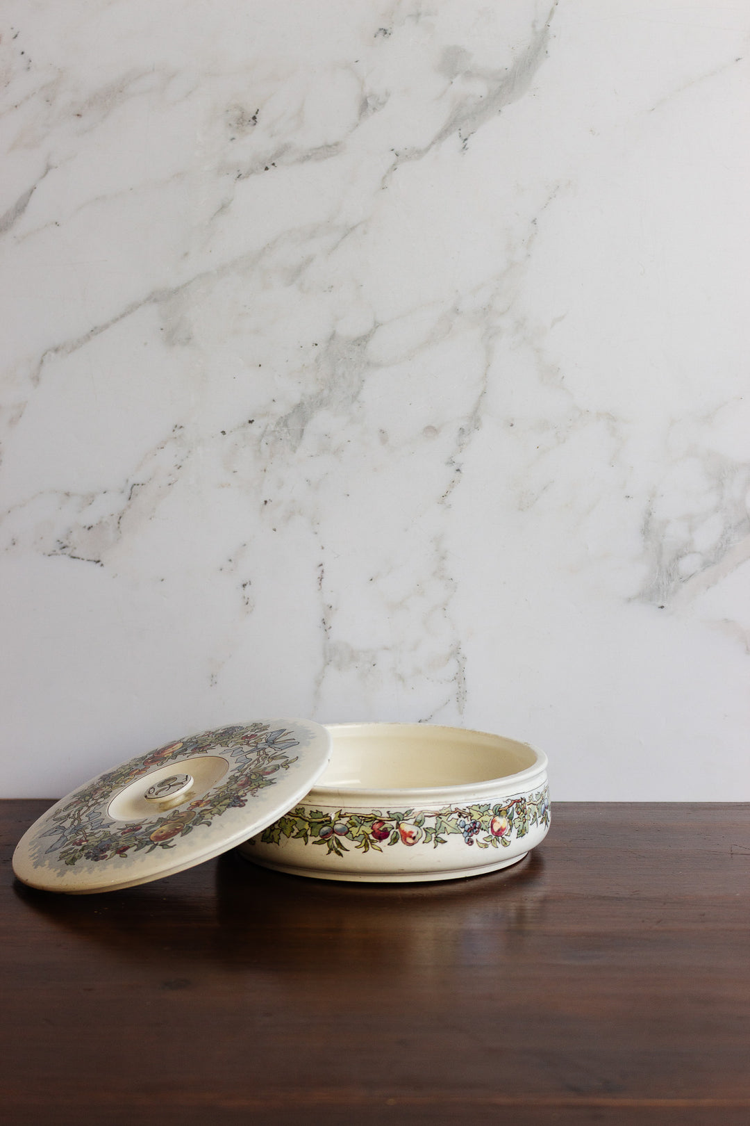 antique french sarreguemines lidded dish with fruit motif