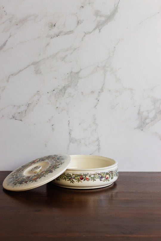 antique french sarreguemines lidded dish with fruit motif