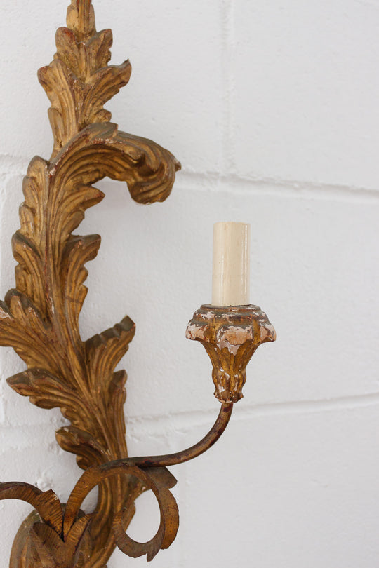 pair of turn of the century italian gilt wood acanthus leaf wall sconces