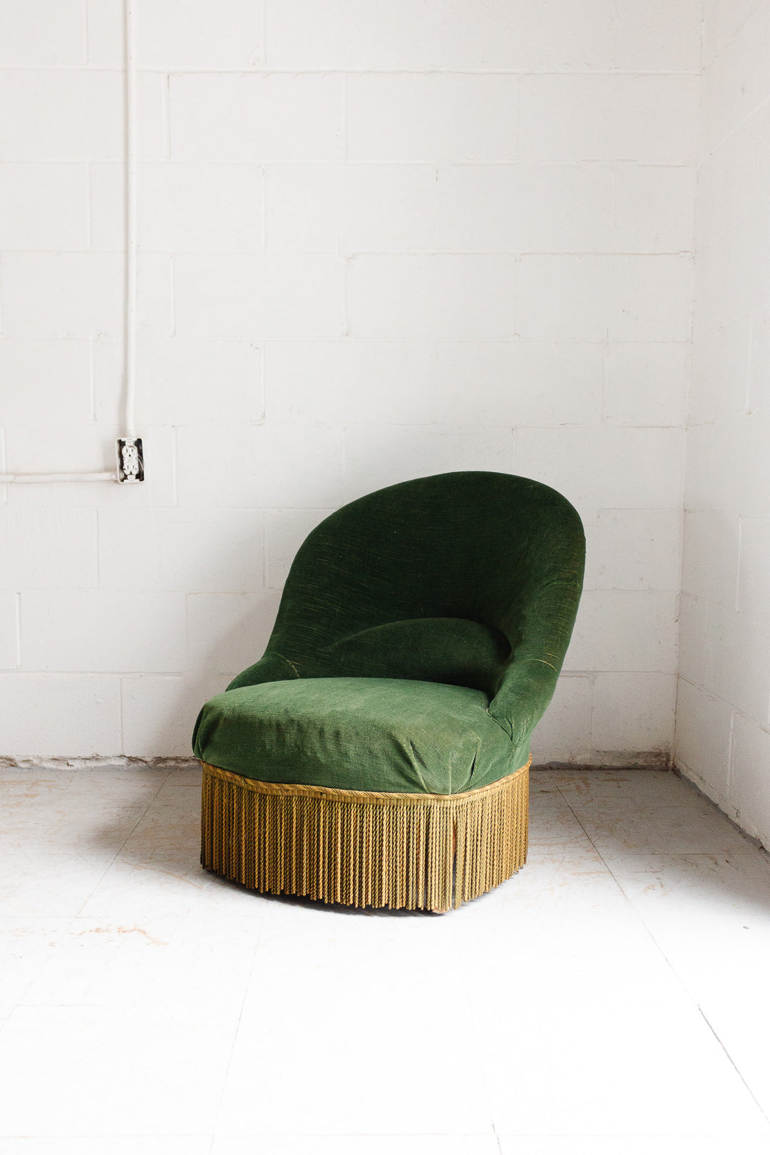 antique french forest green crapaud chair with fringe