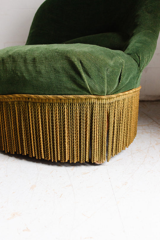 antique french forest green crapaud chair with fringe