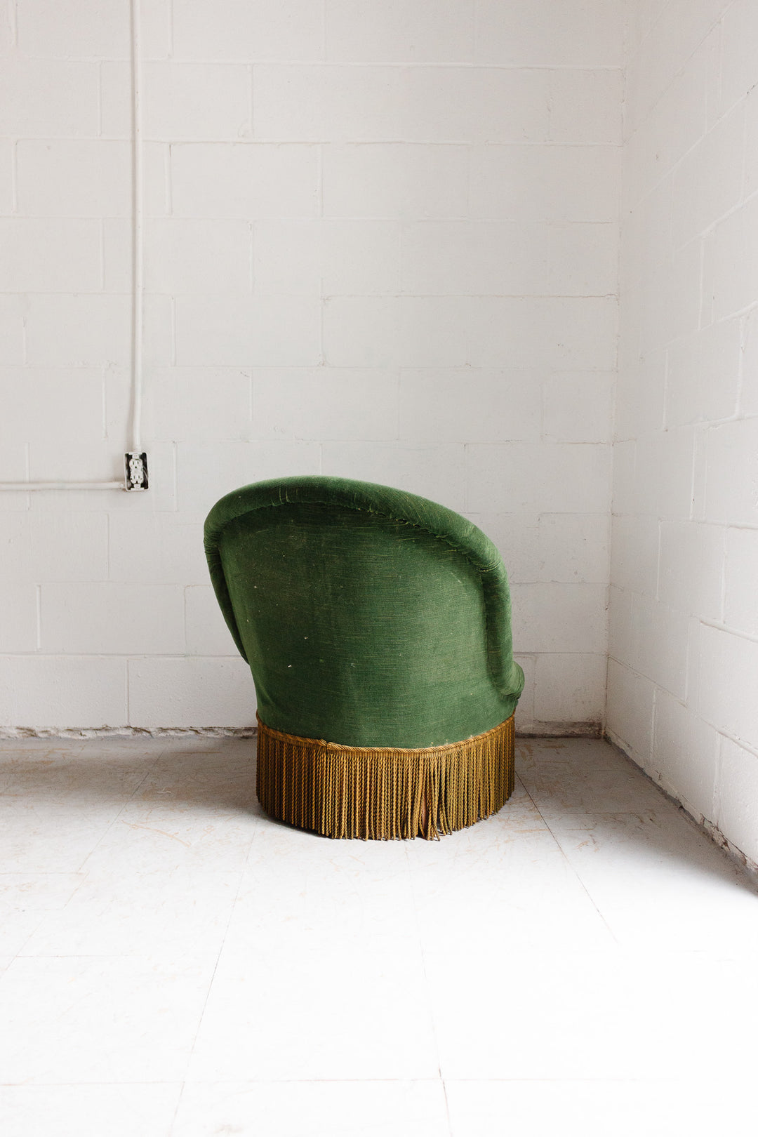 antique french forest green crapaud chair with fringe