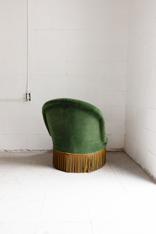 antique french forest green crapaud chair with fringe