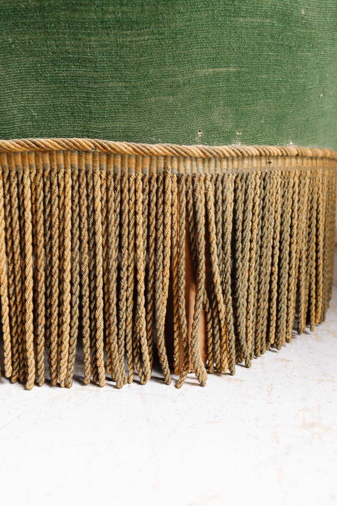 antique french forest green crapaud chair with fringe