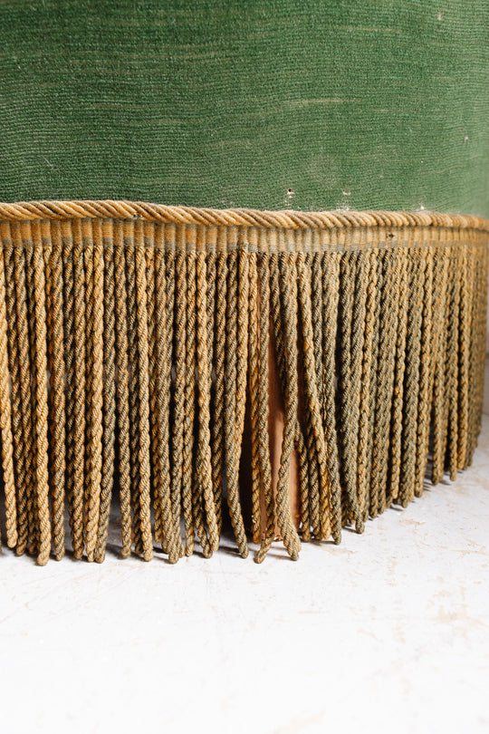 antique french forest green crapaud chair with fringe