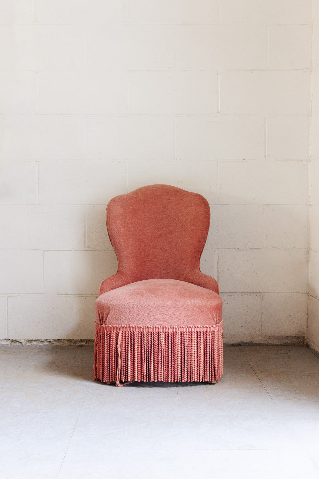 antique french pink fringed slipper chair