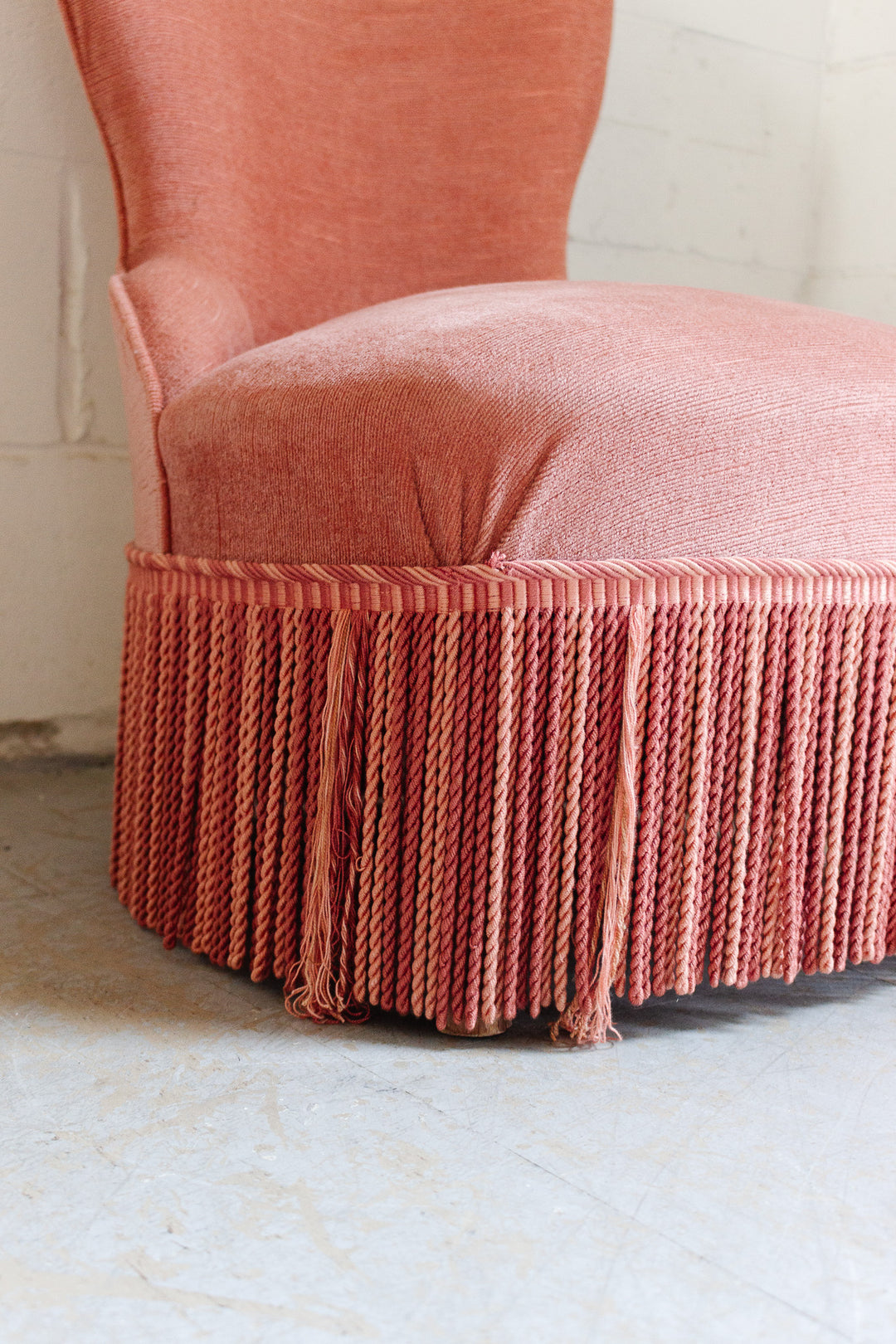 antique french pink fringed slipper chair