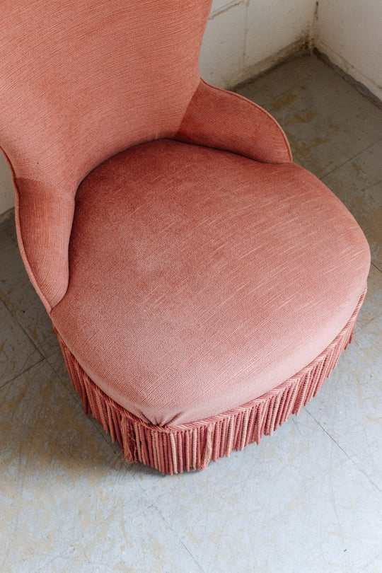 antique french pink fringed slipper chair