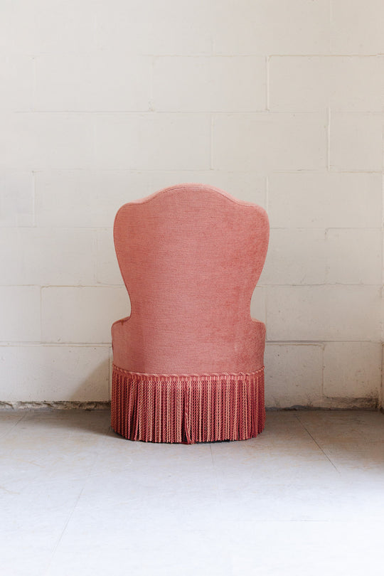 antique french pink fringed slipper chair