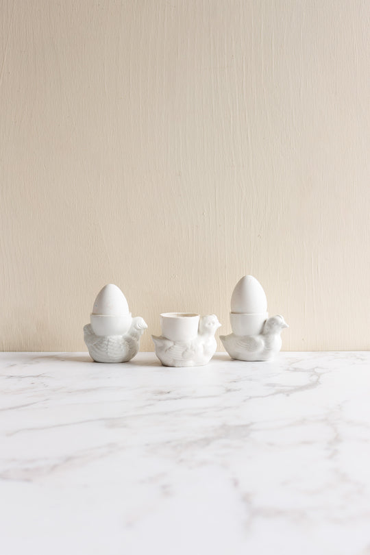 antique French porcelain hen egg cups, set of three