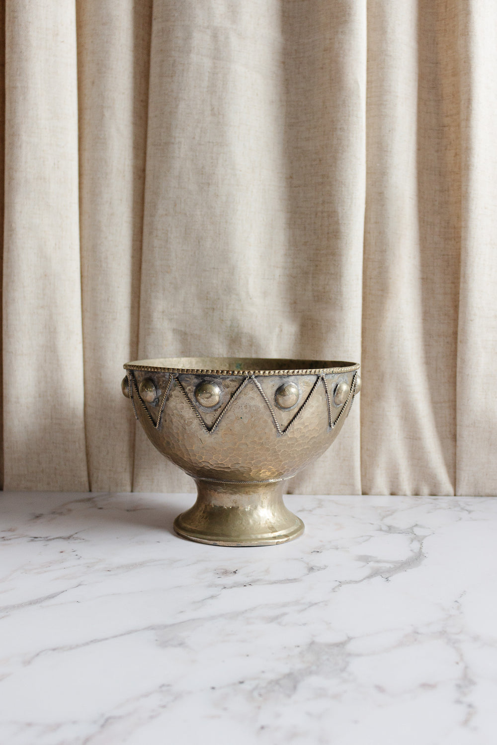rare 1930s French hand made hammered silver and brass pedestal bowl