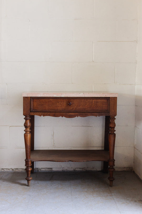 vintage french pink marble top table with turned legs