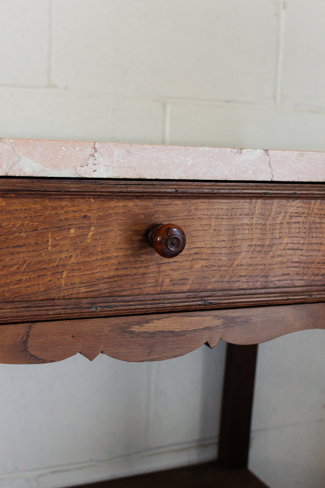 vintage french pink marble top table with turned legs
