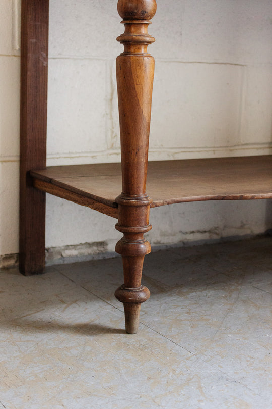 vintage french pink marble top table with turned legs