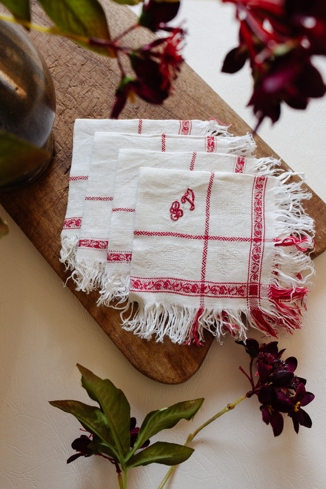 antique french linen damask fringe monogrammed napkins, set of four