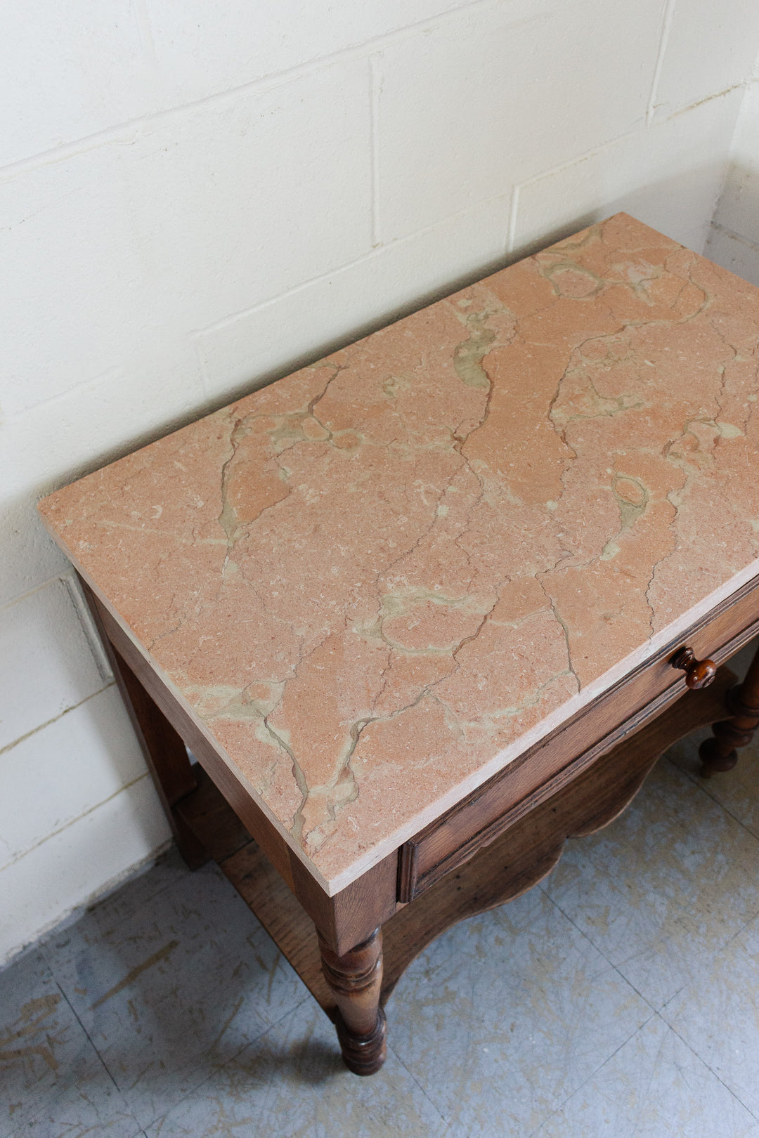 vintage french pink marble top table with turned legs