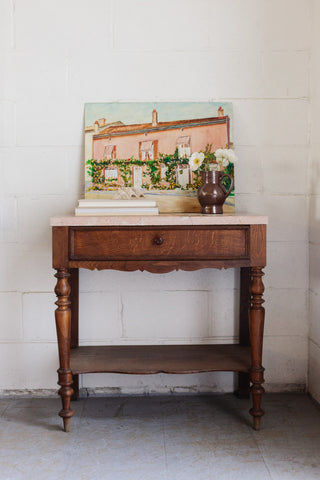 vintage french pink marble top table with turned legs