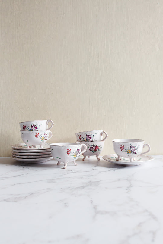 rare 1920s french St Clement pottery footed floral teacups and saucers, set of 6