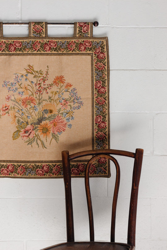 vintage french hanging tapestry with wooden dowel