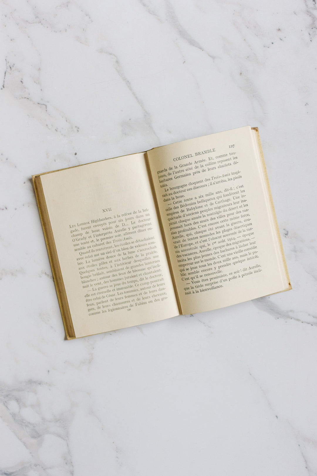 An open book, part of the books collection, rests on a white marble surface with yellowed pages and a beige cover, revealing two pages of French text that reflect its vintage charm and classic appeal.