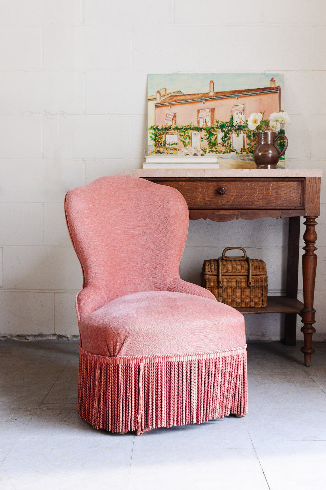 antique french pink fringed slipper chair