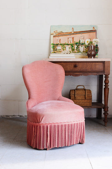 antique french pink fringed slipper chair