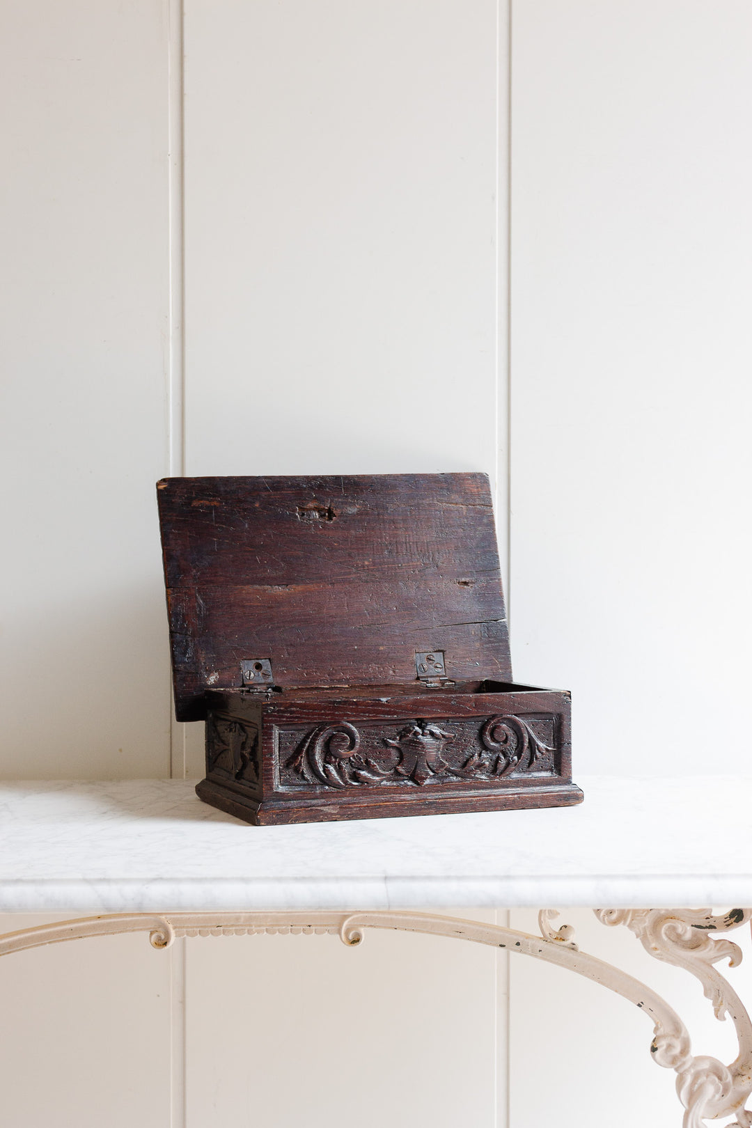 antique french hand carved wooden Bible box