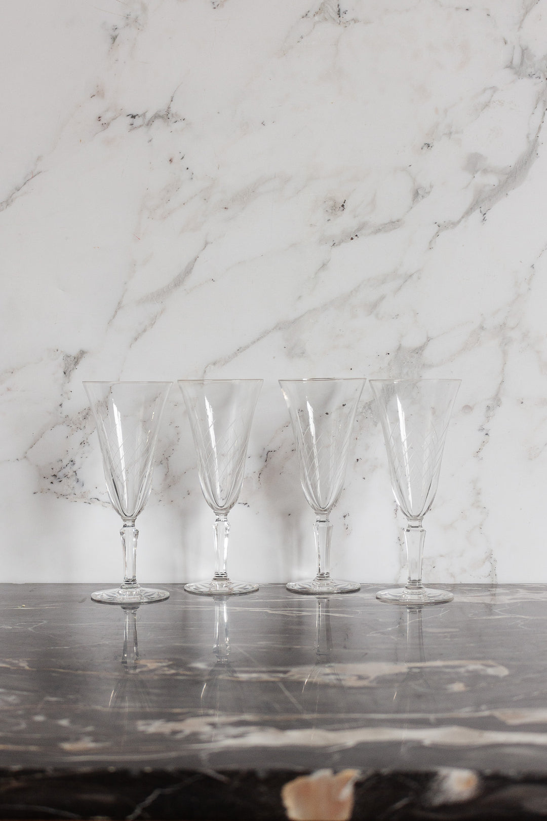 set of 4 vintage french etched port glasses