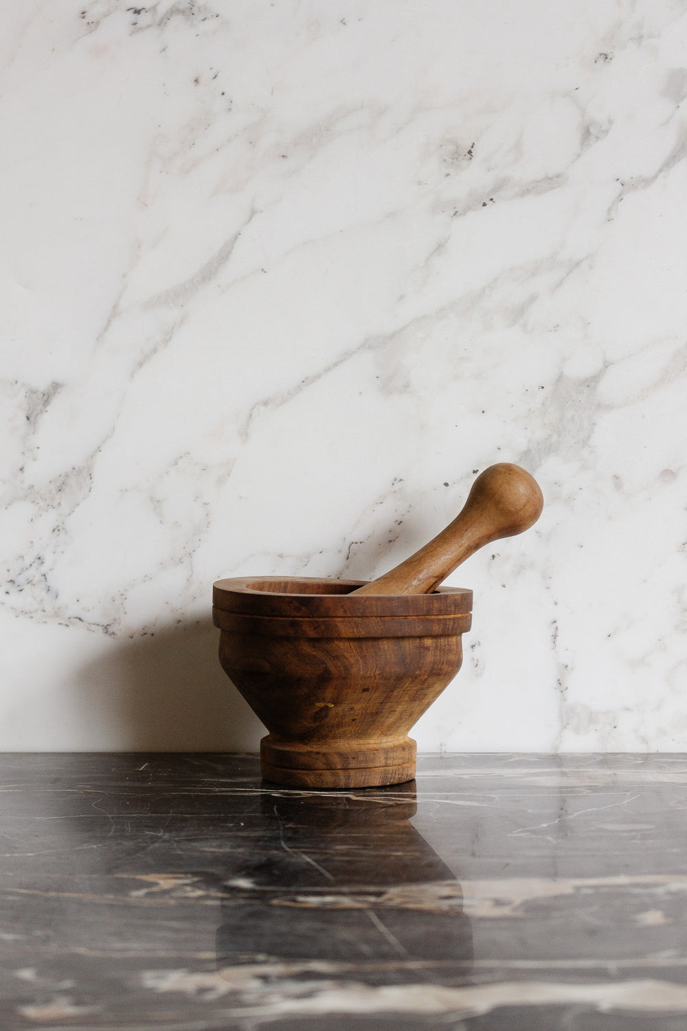 vintage french turned wood mortar and pestle