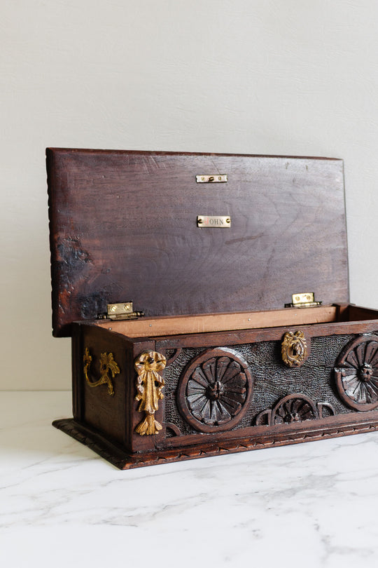 antique french hand carved wood box