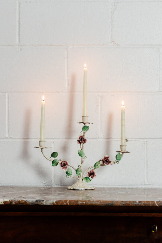 vintage italian tole candelabra with hand painted roses