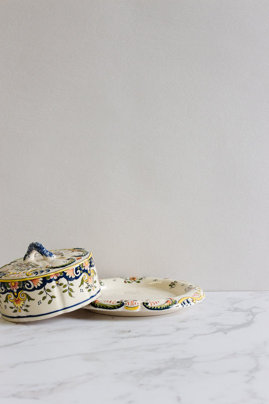 antique french hand painted "mont st. michel" butter dish,