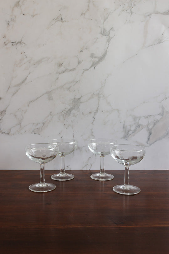 vintage french glass champagne coupes,  set of 4