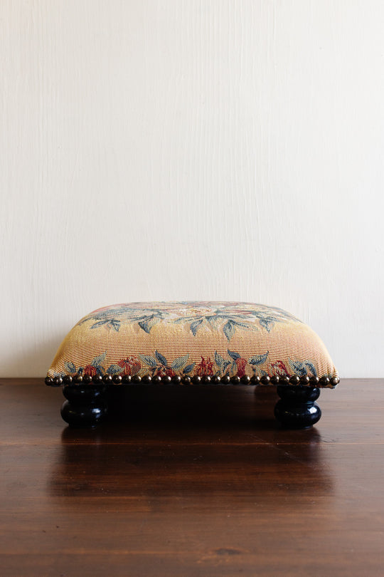 vintage french upholstered stool with turned wood legs