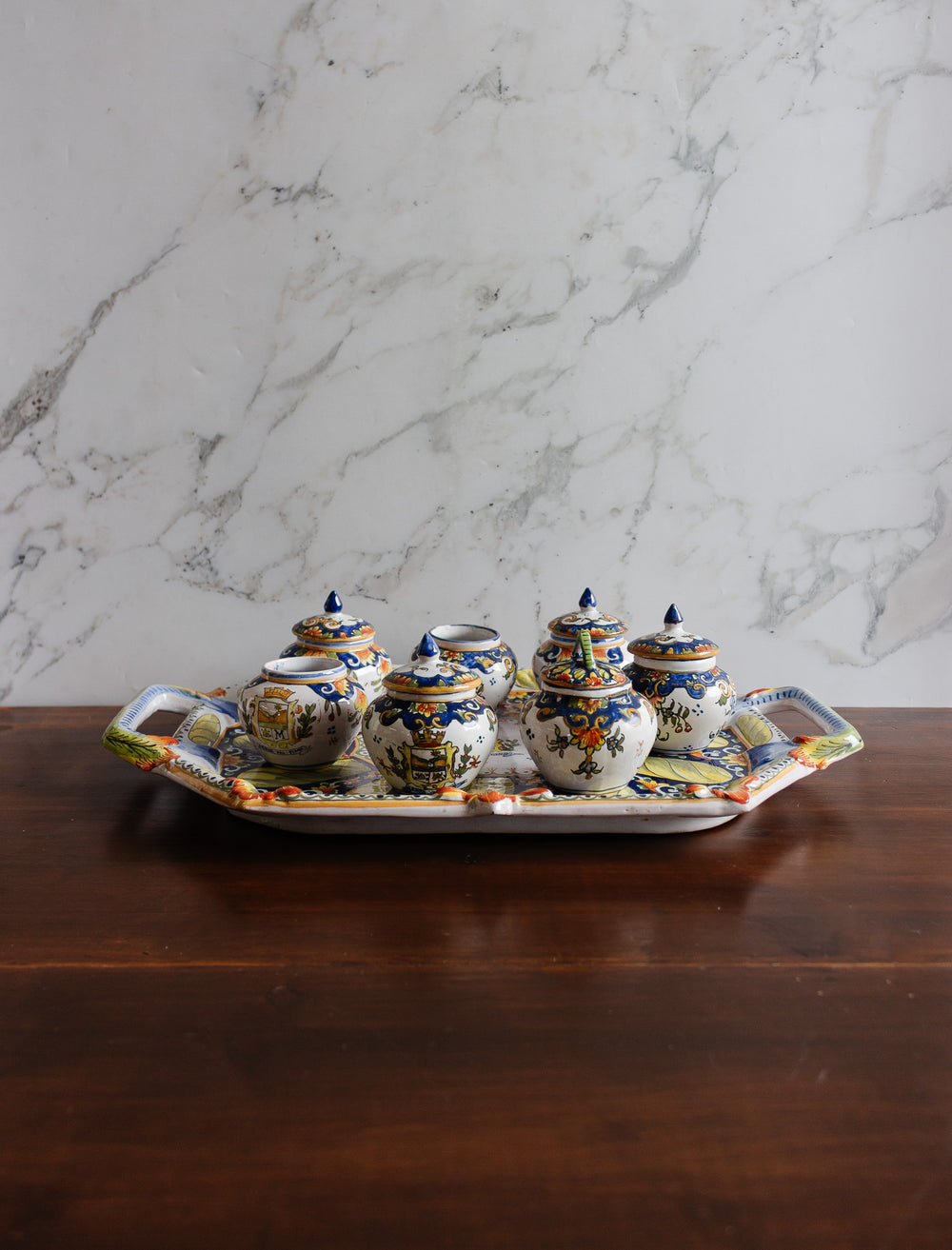 1890s henri delcourt faïence condiment service on tray