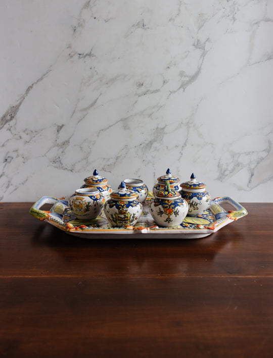 1890s henri delcourt faïence condiment service on tray