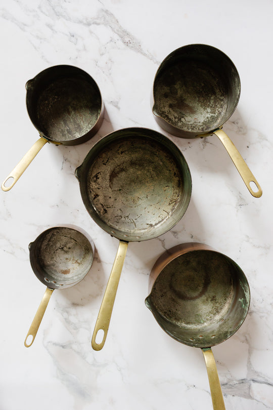 set of 5 antique french graduated copper sauce pots