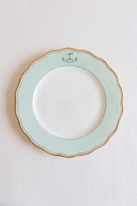 set of 10 antique English, armorial "veritas" scalloped dinner plates