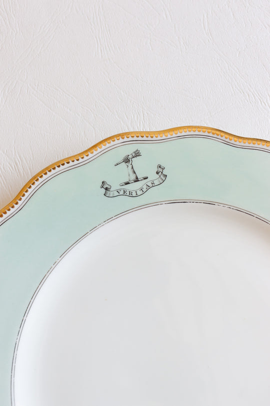set of 10 antique English, armorial "veritas" scalloped dinner plates