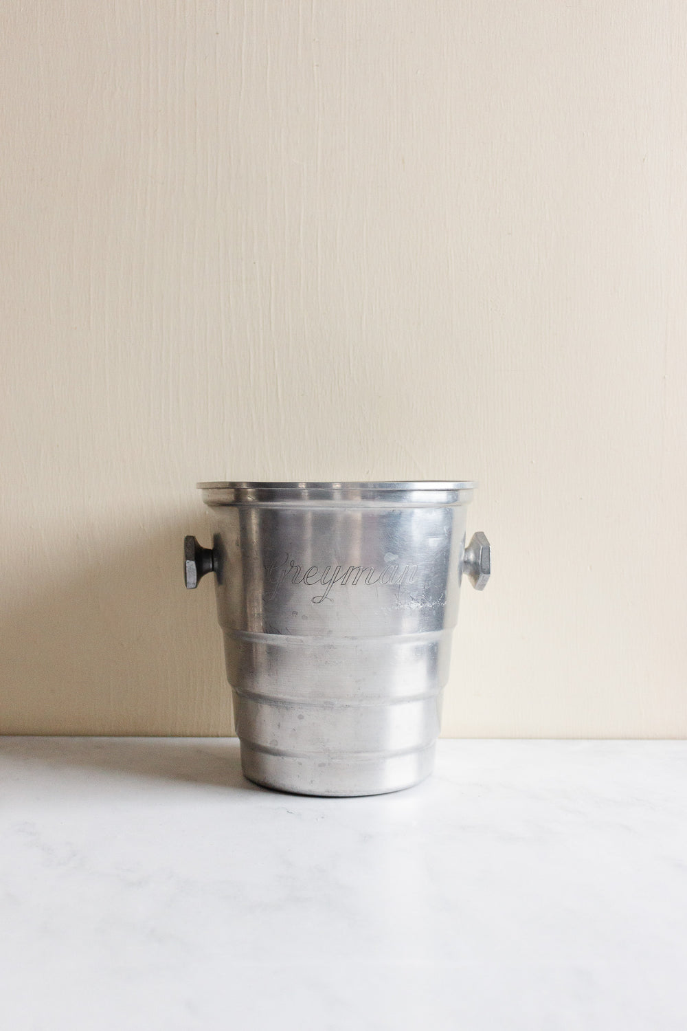 rare vintage French aluminum engraved hotel champagne bucket, “Greyman”