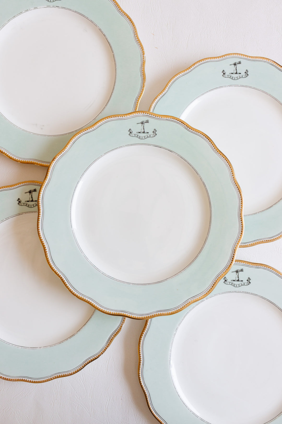 set of 10 antique English, armorial "veritas" scalloped dinner plates