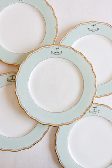 set of 10 antique English, armorial "veritas" scalloped dinner plates
