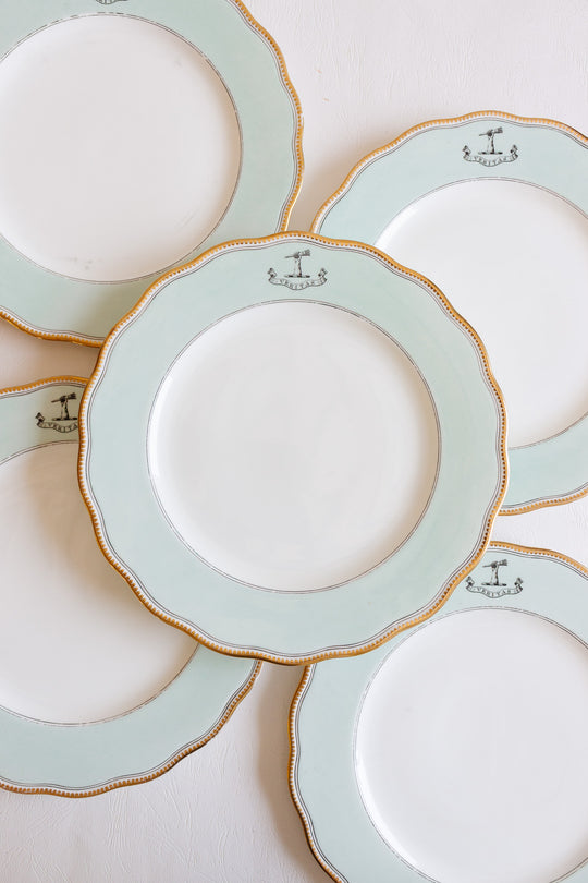 set of 10 antique English, armorial "veritas" scalloped dinner plates