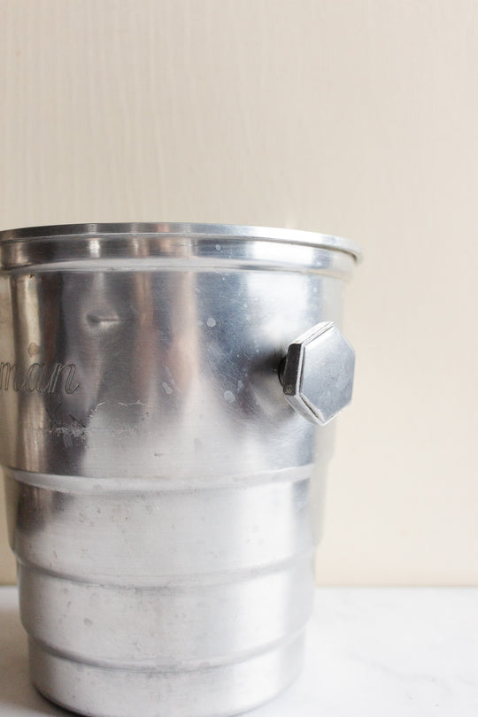 rare vintage French aluminum engraved hotel champagne bucket, “Greyman”