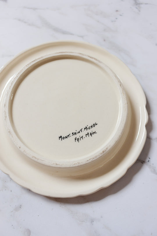 antique french hand painted "mont st. michel" butter dish,