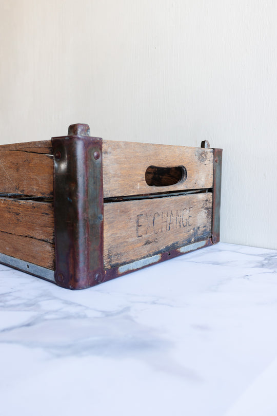 antique wood and metal beer bottle crate