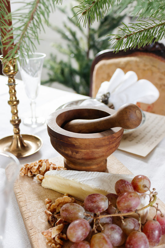 vintage french turned wood mortar and pestle