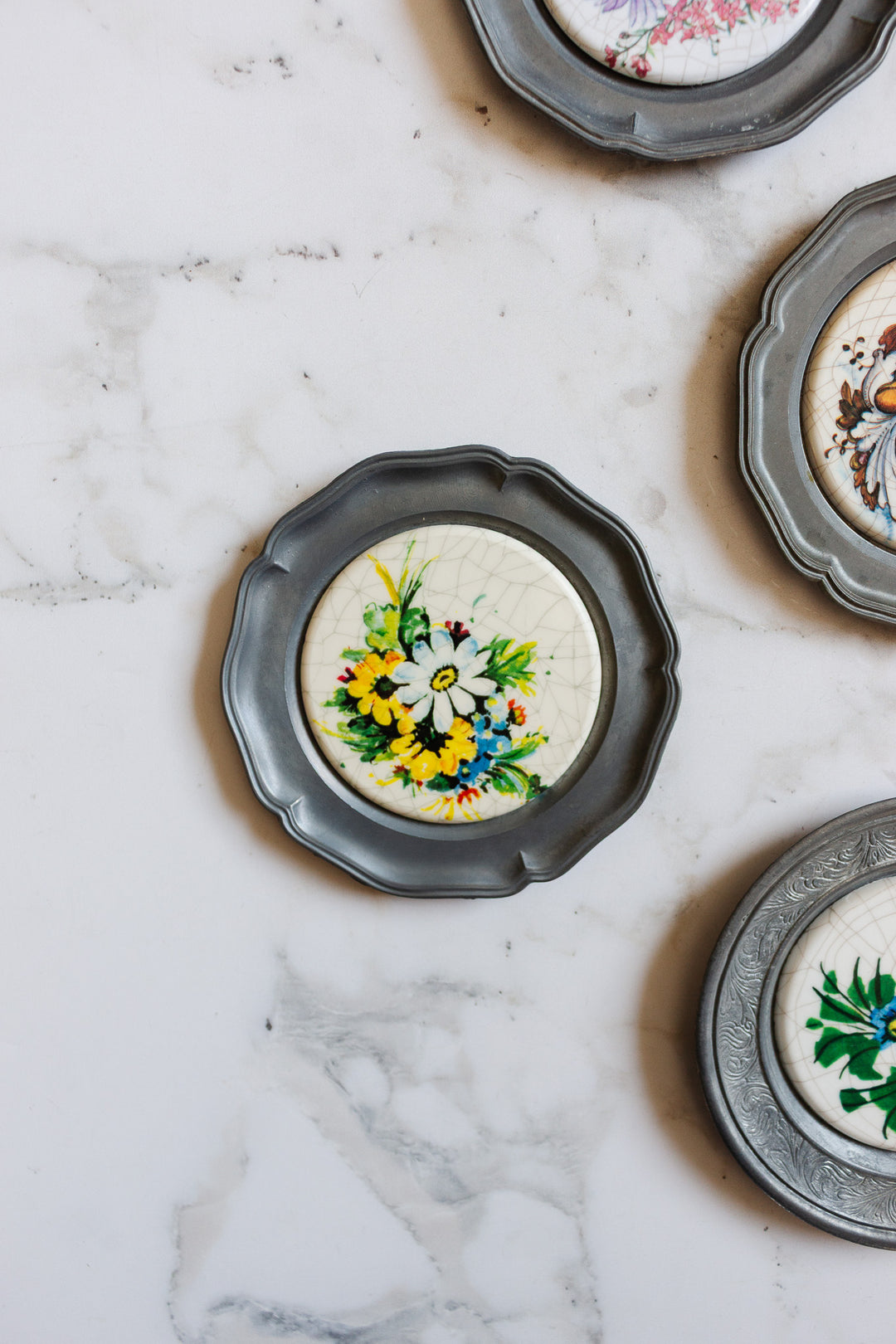 antique European pewter and ceramic "sous bouteille"