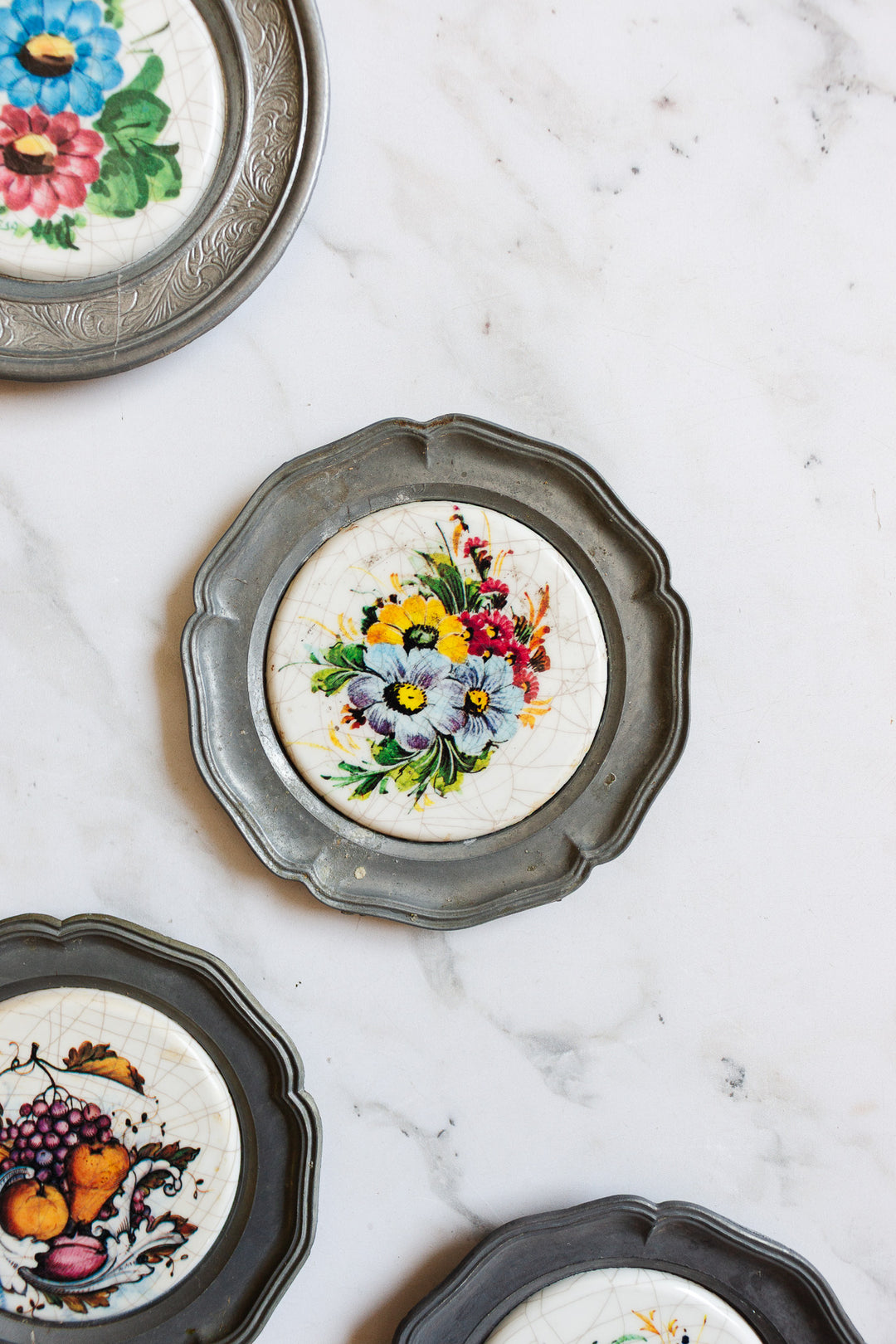 antique European pewter and ceramic "sous bouteille"